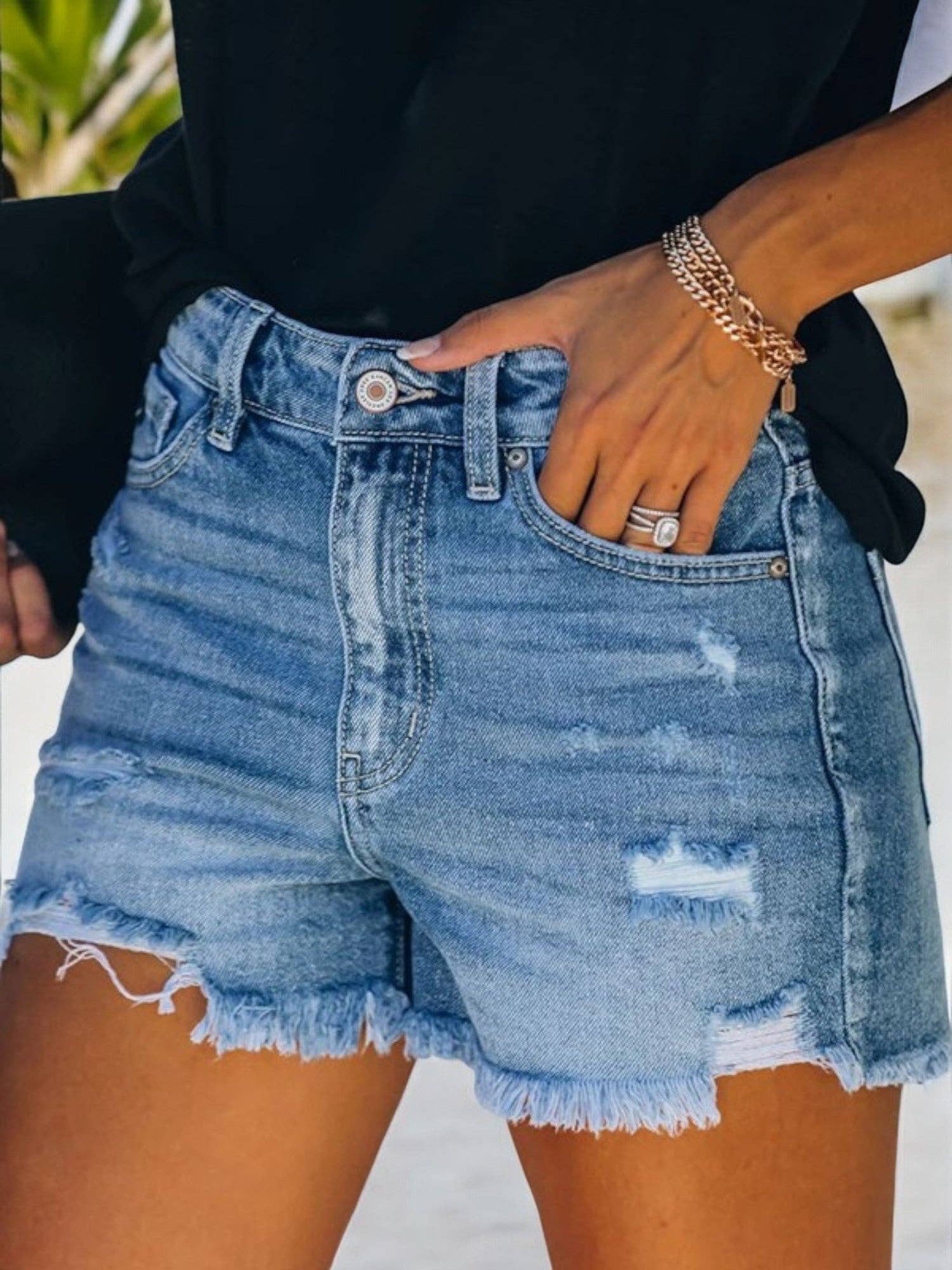PRE-ORDER: Distressed Denim Shorts with Frayed Hem